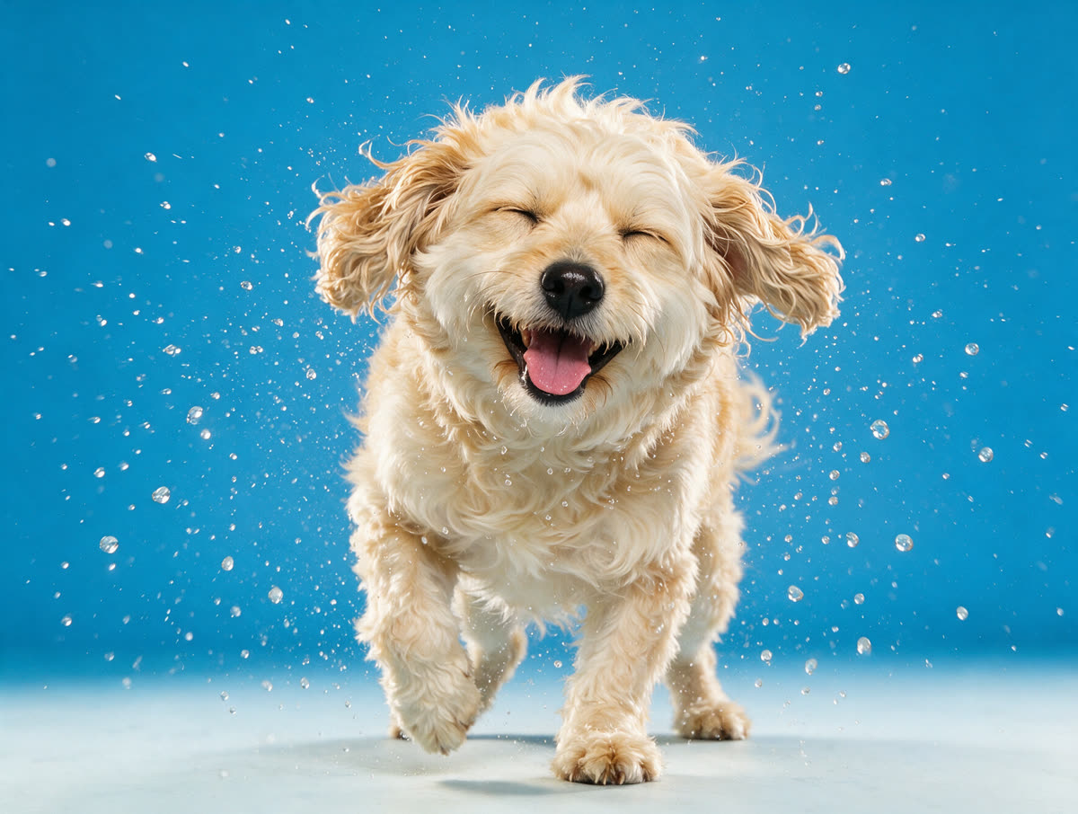 Cachorro limpo e feliz se sacudindo